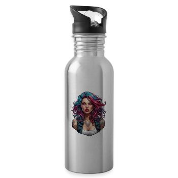 Rocker Girl / Punkrock / Frau / bunte Haare / cool - Trinkflasche mit integriertem Trinkhalm - Lightsilver - Rechts