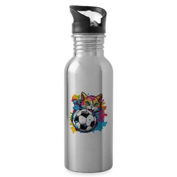 Soccer Cat / Animal / Soccer / Goal / Sports - Water bottle with straw - silver - Right