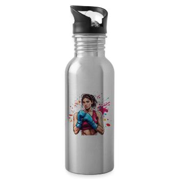 Boxer / Sports / Fight / Arena / Boxing Ring / Fists - Water bottle with straw - silver - Right