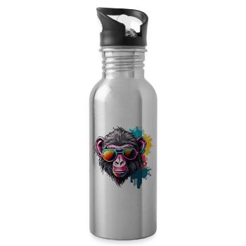 Affe / Tier / Zoo / Babian / Wild / Comic - Trinkflasche mit integriertem Trinkhalm - Lightsilver - Rechts
