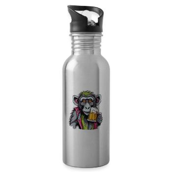 Affe / Tier / Zoo / Babian / Wild / Comic - Trinkflasche mit integriertem Trinkhalm - Lightsilver - Rechts