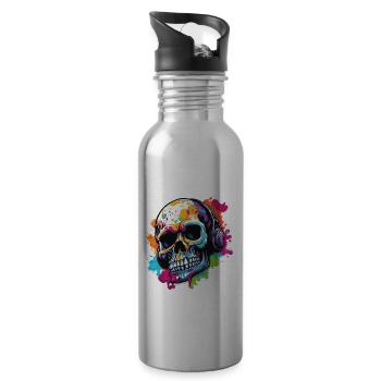 Skull / Totenkopf / Skelett / Gothic / Tattoo - Trinkflasche mit integriertem Trinkhalm - Lightsilver - Rechts