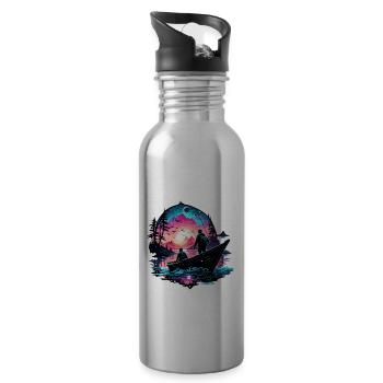 Angler Siluette / Fishing / Fish / Lake / Sport - Water bottle with straw - silver - Right