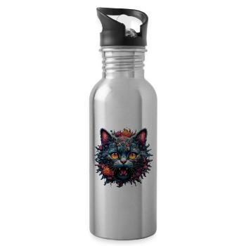Cool Cat / Funny / Animal / Pet / Crazy - Water bottle with straw - silver - Right