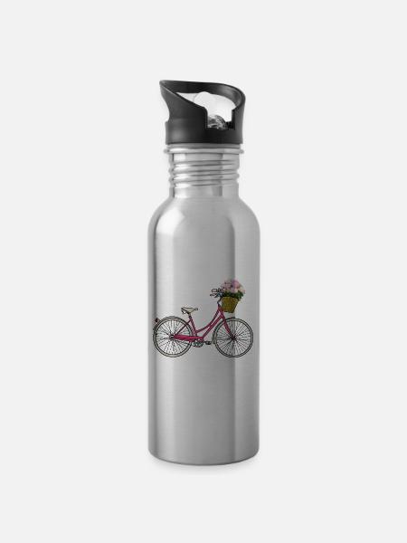 Bicycle with hydrangeas - Water bottle with straw - silver