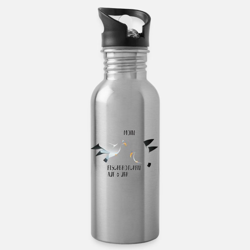Moin Fischbrötchen auf 6 Uhr Möwe Plattdeutsch - Trinkflasche mit integriertem Trinkhalm - Lightsilver