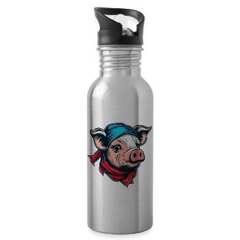 Cochon avec foulard - Gourde avec paille intégrée - argent clair - Droite