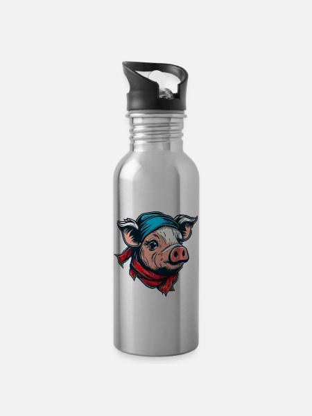 Schweinchen mit Kopftuch - Trinkflasche mit integriertem Trinkhalm - Lightsilver