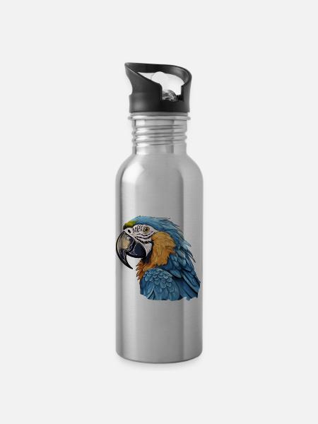 Blau-Gold Ara - Trinkflasche mit integriertem Trinkhalm - Lightsilver