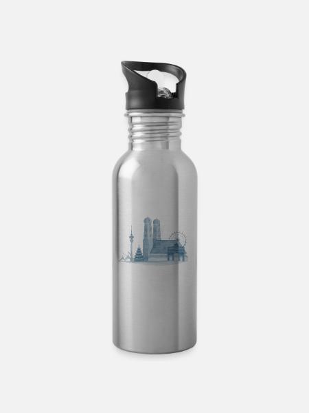 München Skyline - Handgemaltes Aquarell - Trinkflasche mit integriertem Trinkhalm - Lightsilver