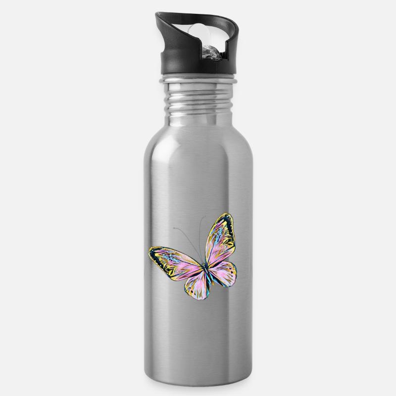 Schmetterling - Trinkflasche mit integriertem Trinkhalm - Lightsilver