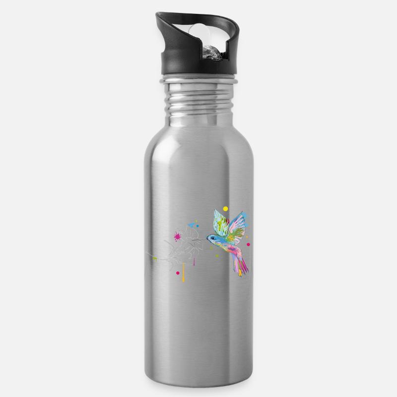 Un colibri et une fleur - Gourde avec paille intégrée - argent clair