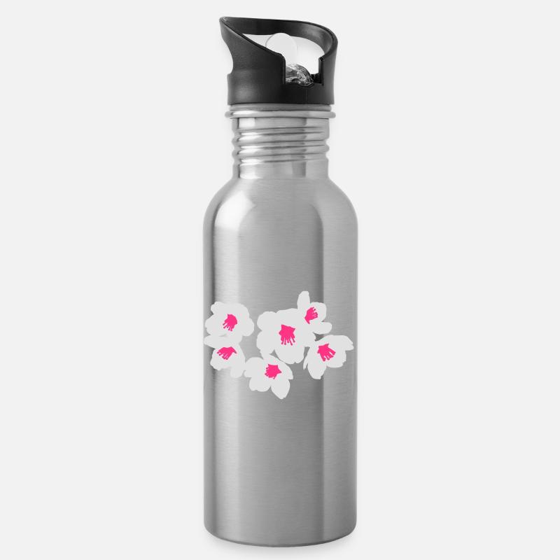 Kunstvolle weiße und rosa Kirschblüten - Trinkflasche mit integriertem Trinkhalm - Lightsilver
