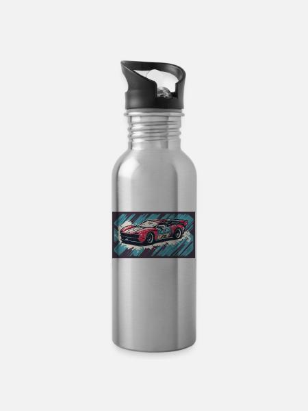 Voiture de course Rouge-Bleu - Gourde avec paille intégrée - argent clair