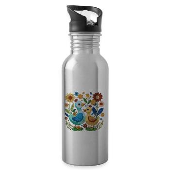 Two sweet ducks quacking in a flower bed - Water bottle with straw - silver - Right