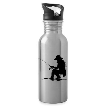 Fishing Woman Silhouette - Water bottle with straw - silver - Right