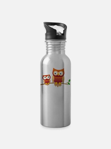 Eule mit kleiner Eule - Trinkflasche mit integriertem Trinkhalm - Lightsilver
