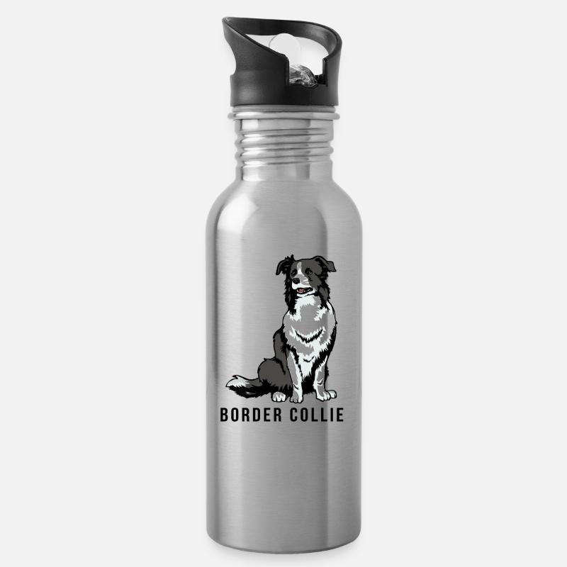 Border collie - Gourde avec paille intégrée - argent clair