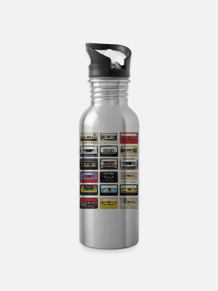 Retro Kassetten - Trinkflasche mit integriertem Trinkhalm - Lightsilver
