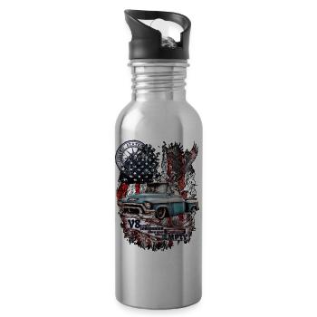 Legendary V8 truck on American flag eagle - Water bottle with straw - silver - Right