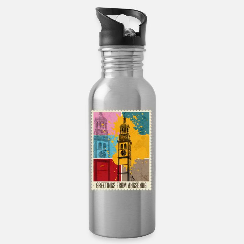Augsburg Deutschland Stadt Skyline Briefmarke Bunt - Trinkflasche mit integriertem Trinkhalm - Lightsilver