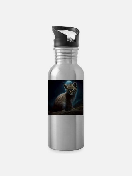 Lynx under the moonlight wildlife - Water bottle with straw - silver