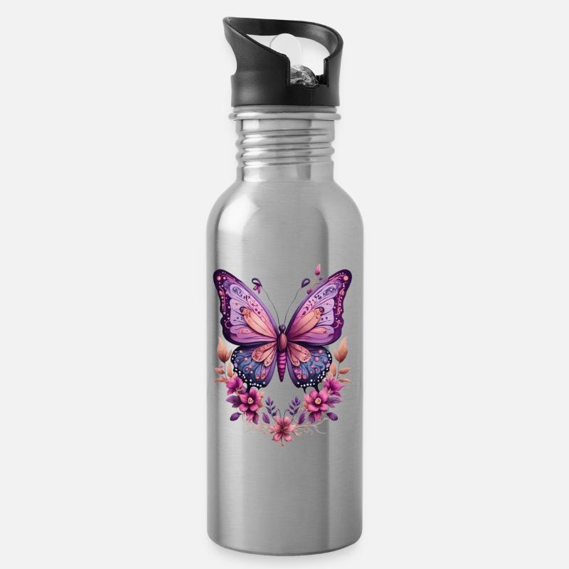 Violetter Schmetterling mit Blüten  - Trinkflasche mit integriertem Trinkhalm - Lightsilver