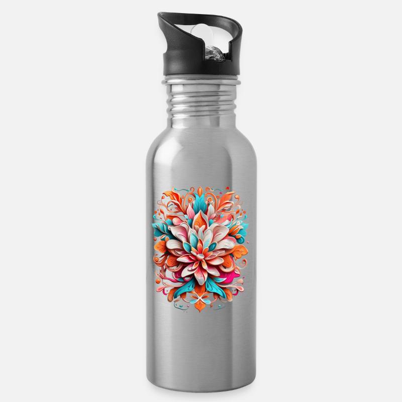 Farbenfrohes Blumenpracht-Muster - Trinkflasche mit integriertem Trinkhalm - Lightsilver
