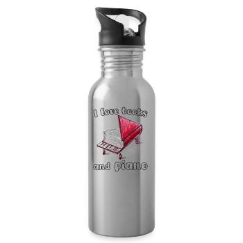 I Love Books And Piano, Authentic Freehand Art - Water bottle with straw - silver - Right