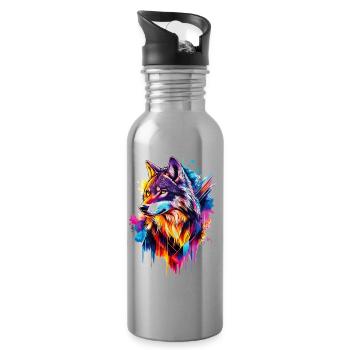 Wolf Wolf Head Predator Forest Nature Wilderness Colorful - Water bottle with straw - silver - Right