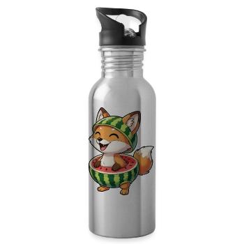 Funny fox with watermelon summer fun - Water bottle with straw - silver - Right