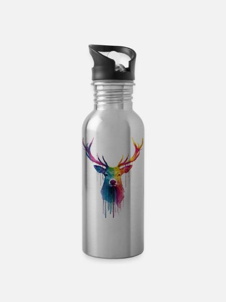 Hirsch Reh Geweih - Trinkflasche mit integriertem Trinkhalm - Lightsilver