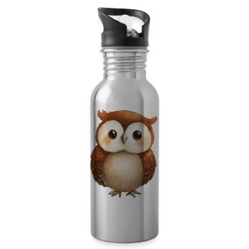 Cute Owl Drawing – Adorable Child Illustration - Water bottle with straw - silver - Right