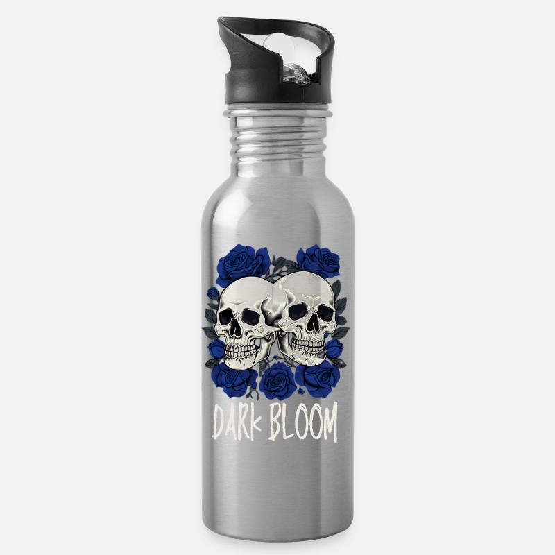 Dark Bloom – Gotische Totenkopf und Rosen - Trinkflasche mit integriertem Trinkhalm - Lightsilver