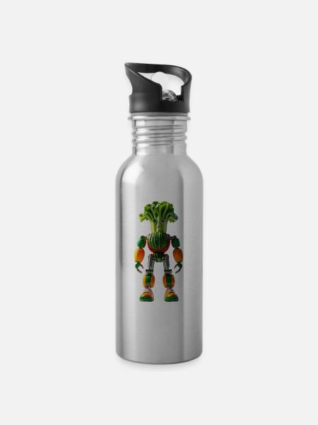 Colorful Veggie Robot - Water bottle with straw - silver