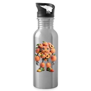 Cute Peach Fruit Robot with Flowers - Water bottle with straw - silver - Right