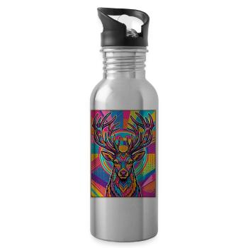 Hirsch Neon Pop Art Kaleidoskop - Trinkflasche mit integriertem Trinkhalm - Lightsilver - Rechts