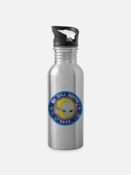 Alien wird bald mit UFO aus dem Weltraum kommen. - Trinkflasche mit integriertem Trinkhalm - Lightsilver
