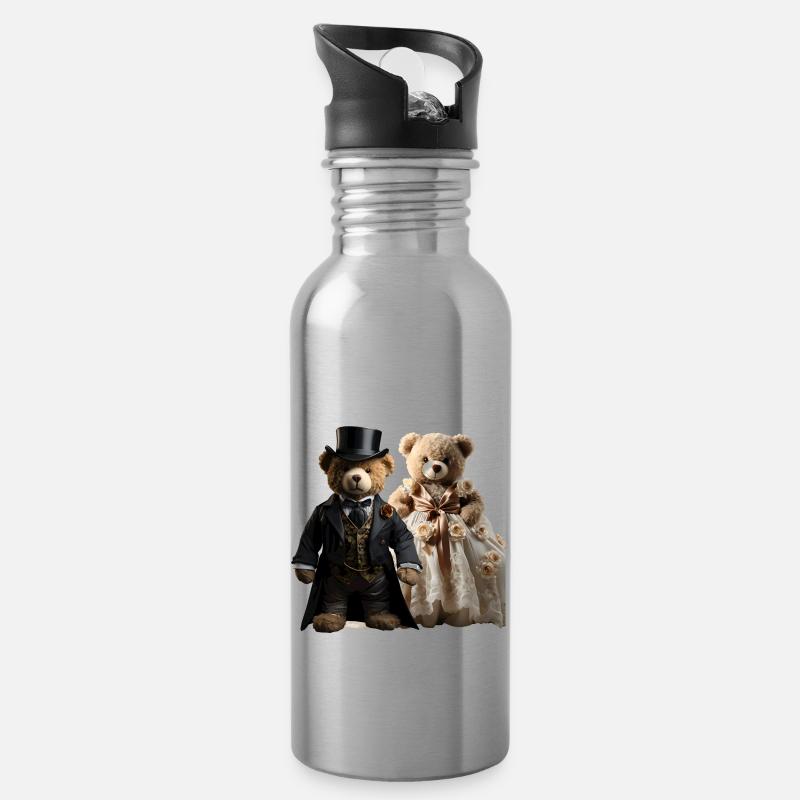 Zwei glückliche Teddybären in Hochzeitskleidung - Trinkflasche mit integriertem Trinkhalm - Lightsilver