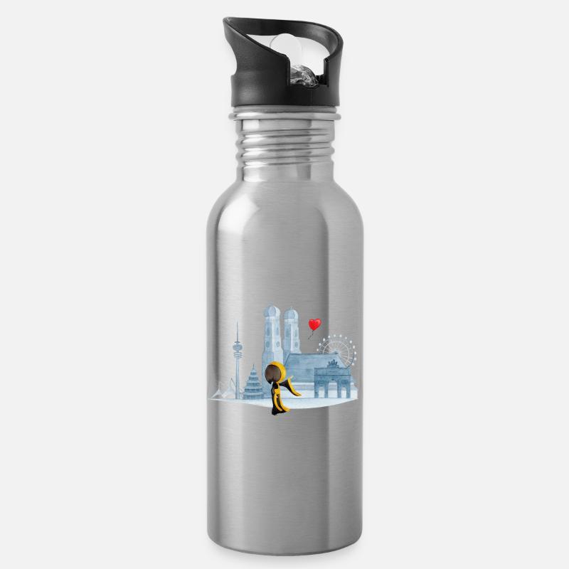 Skyline München mit Münchner Kindl und Herz - Trinkflasche mit integriertem Trinkhalm - Lightsilver