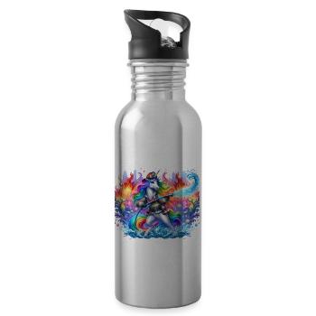 Lustiges Einhorn als Feuerwehrmann - Trinkflasche mit integriertem Trinkhalm - Lightsilver - Rechts