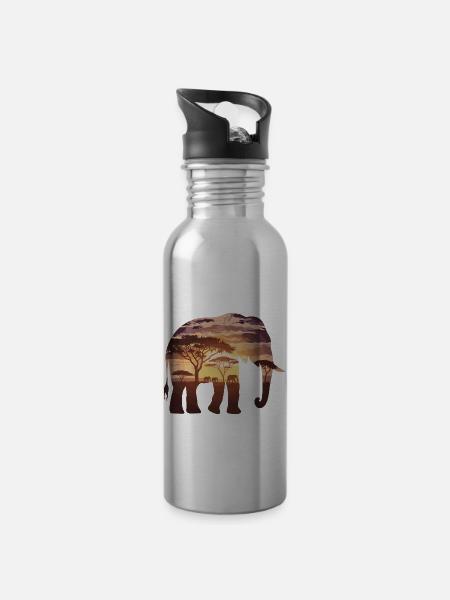 Elefant Afrika Safari - Trinkflasche mit integriertem Trinkhalm - Lightsilver