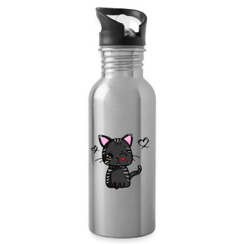 Chat kawaii avec une bouche qui s'embrasse (noir) | kawaii animaux - Gourde avec paille intégrée - argent clair - Droite