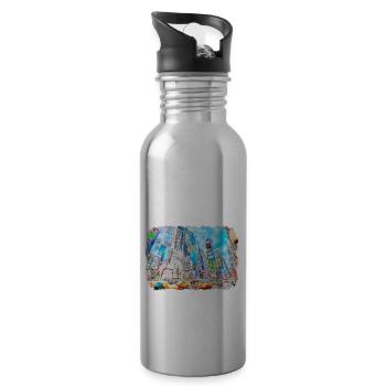 New York Usa Watercolor Sketch Drawing - Water bottle with straw - silver - Right