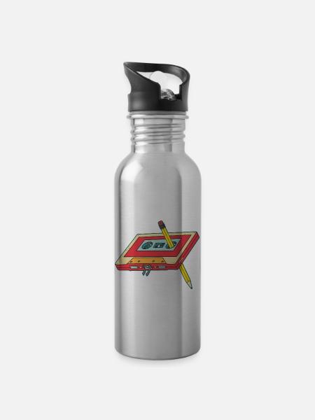Cassette Pencil Vintage Gift 80s 90s Party - Water bottle with straw - silver