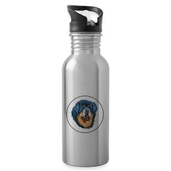 Tibetan Mastiff Dog Watercolor Sketch Illustration - Water bottle with straw - silver - Right
