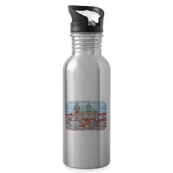 Prague Czech Republic Watercolor Sketch Drawing - Water bottle with straw - silver - Right