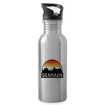 Granada Spain Flag Skyline Travel Souvenir - Water bottle with straw - silver - Right