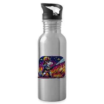 Lustiges Einhorn als Feuerwehrmann - Trinkflasche mit integriertem Trinkhalm - Lightsilver - Rechts