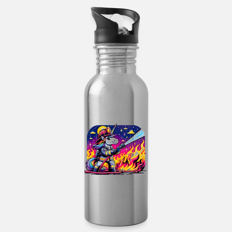 Lustiges Einhorn als Feuerwehrmann - Trinkflasche mit integriertem Trinkhalm - Lightsilver